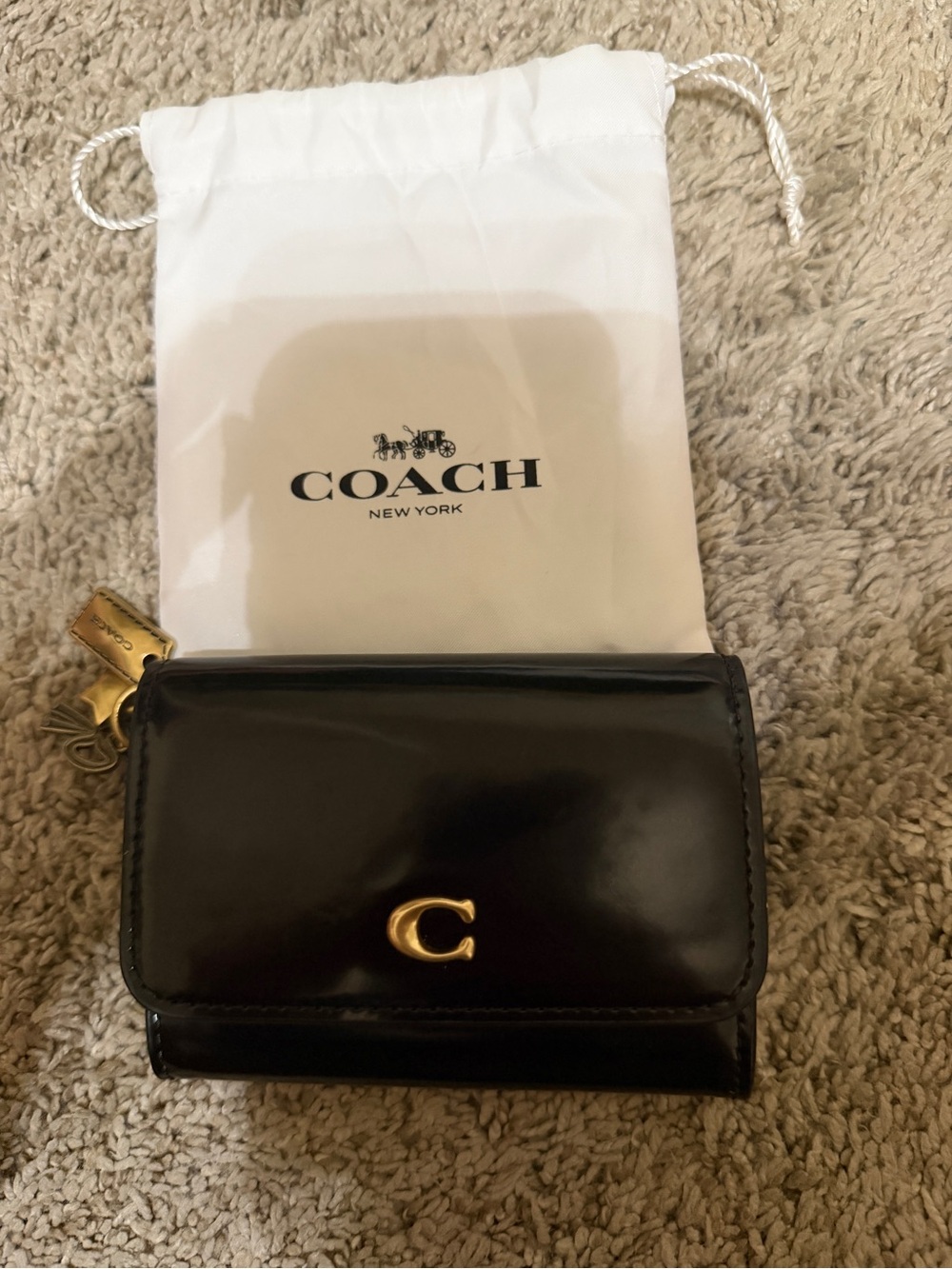 NWT Coach Black Patent Leather Mini Wallet with Gold C Logo